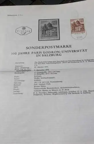 350 Jahre Paris Lodron-Universität Salzburg; 7.11.1972; Ankündigungsblatt/Ersttagsblatt