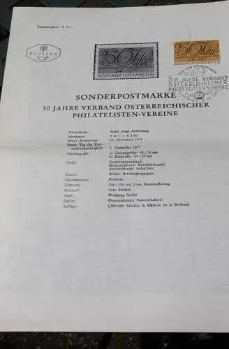 50 Jahre Verband Österreichischer Philatelisten-Vereine; 3.12.1971; Ankündigungsblatt/Ersttagsblatt