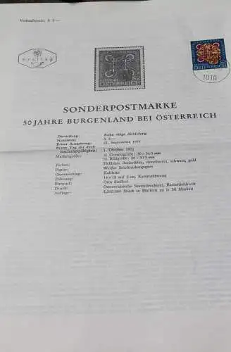 50 Jahre Burgenland bei Österreich; 1.10.1971; Ankündigungsblatt/Ersttagsblatt