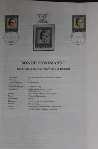 Otto Bauer;  Ersttagsblatt, 7.9.1981