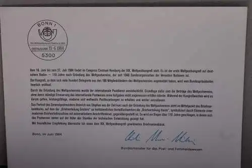 Ministerkarte zum Ausgabeanlaß:  "Weltpostkongress Hamburg 1984"; 19.6.1984 ; MiNr. Block 19; Sondergröße