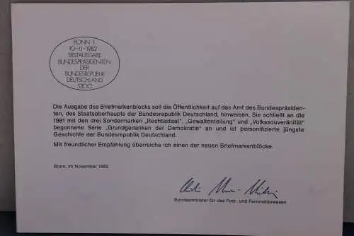 Ministerkarte zum Ausgabeanlaß: Blockausgabe "Bundespräsidenten", 10. Nov. 1982; MiNr. Block 18