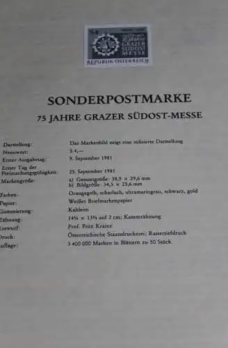 75 Jahre Grazer Südost-Messe; Österreich Amtl. Schwarzdruck auf Schwarzdruckblatt 1981; 9. Sept. 1981