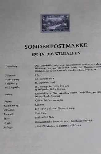 850 Jahre Wildalpen; Österreich Amtl. Schwarzdruck auf Schwarzdruckblatt 1989; 6. Sept. 1989