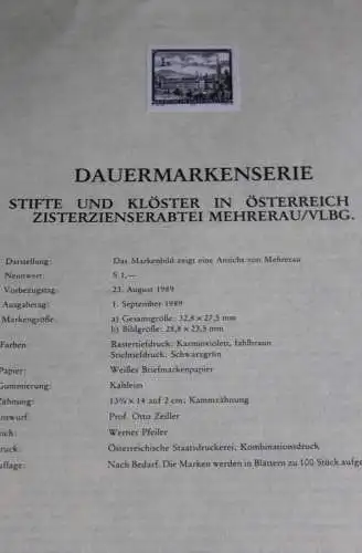 Stifte und Klöster: Zisterzienserabtei Mehrerau; Österreich Amtl. Schwarzdruck auf Schwarzdruckblatt 1989;23. Aug. 1989