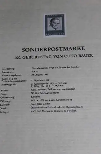 Otto Bauer; Österreich Amtl. Schwarzdruck auf Schwarzdruckblatt; 24. Aug. 1981