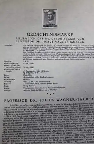 Österreich Amtl. Schwarzdruck auf Schwarzdruckblatt 1957 zur Ausgabe: Prof. Dr. Julius Wagner-Jauregg