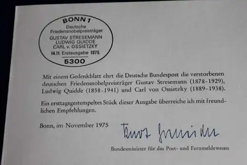 Ministerkarte zum Ausgabeanlaß:  "G. Stresemann, L. Quidde, C. v. Ossietzky", 14.11.1975; MiNr. Block 11