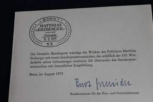 Ministerkarte zum Ausgabeanlaß:  "Matthias Erzberger", 14.8.1975; MiNr. 865