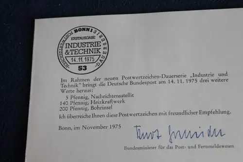 Ministerkarte zum Ausgabeanlaß:  "Industrie & Technik", 15.10.1975 ; MiNr. 846,856,858 Berlin: 494,504,506