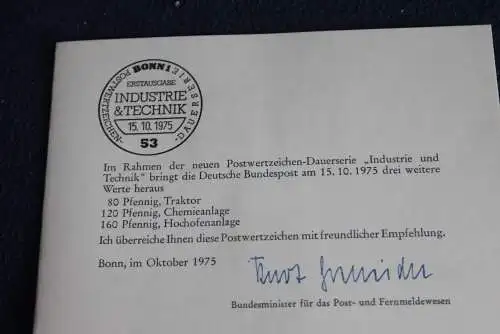 Ministerkarte zum Ausgabeanlaß:  "Industrie & Technik", 15.10.1975 ; MiNr. 853,855,857; Berlin: 501,503,506