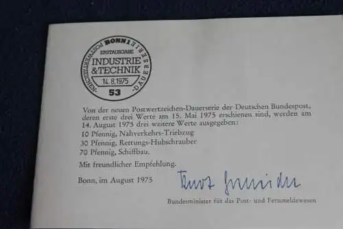 Ministerkarte zum Ausgabeanlaß:  "Industrie & Technik", 14.8.1975 ; MiNr. 847,849,852; Berlin: 495,497,500