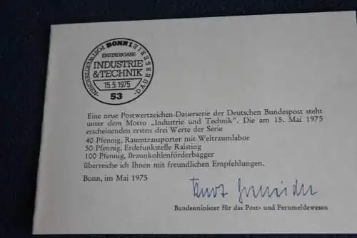 Ministerkarte zum Ausgabeanlaß:  "Industrie & Technik", 15.5.1975 ; MiNr. 850-51, 854; Berlin: 598-99, 502