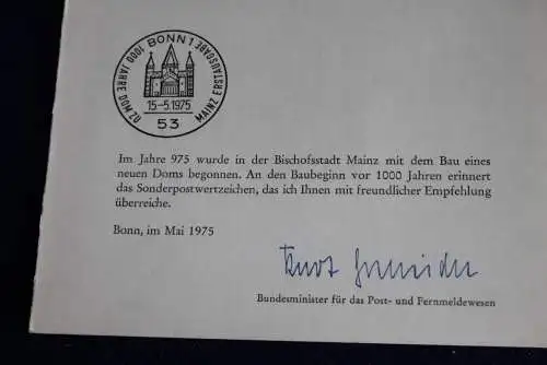 Ministerkarte zum Ausgabeanlaß:  "1000 Jahre Dom zu Mainz", 15.5.1975 ; MiNr. 845