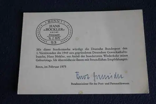 Ministerkarte zum Ausgabeanlaß:  "Hans Böckler", 14.2.1975 ; MiNr. 832; Sonderpreis