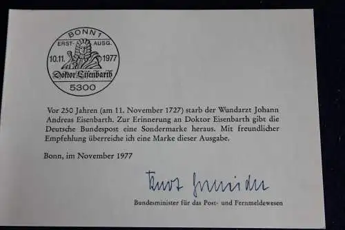 Ministerkarte zum Ausgabeanlaß:  "Doktor Johannes A. Eisenbarth", 10.11.1977 ; MiNr. 954