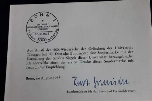 Ministerkarte zum Ausgabeanlaß:  "Universität Tübingen", 16.8.1977 ; MiNr. 946