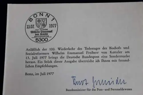 Ministerkarte zum Ausgabeanlaß:  "Wilhelm E. Frh. von Ketteler", 13.7.1977 ; MiNr. 941