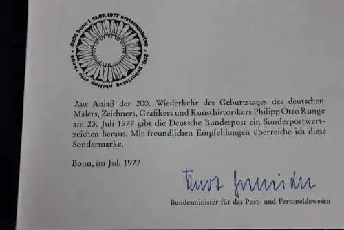 Ministerkarte zum Ausgabeanlaß:  "Philipp O. Runge", 13.7.1977 ; MiNr. 940