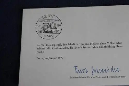 Ministerkarte zum Ausgabeanlaß:  "Till Eulenspiegel", 13.1.1977 ; MiNr. 922