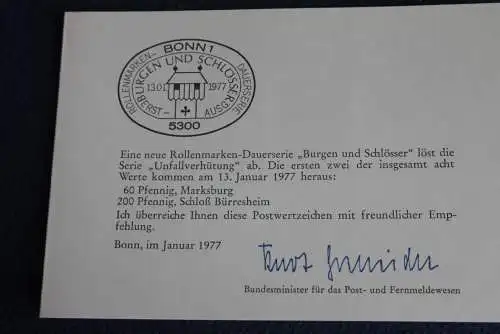 Ministerkarte zum Ausgabeanlaß:  "Burgen und Schlösser", 13.1.1977 ; MiNr. 917, 920:  Berlin: 537; 540