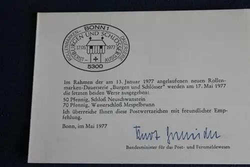 Ministerkarte zum Ausgabeanlaß:  "Burgen und Schlösser", 17.5.1977 ; MiNr. 916, 918; Berlin: 536, 538