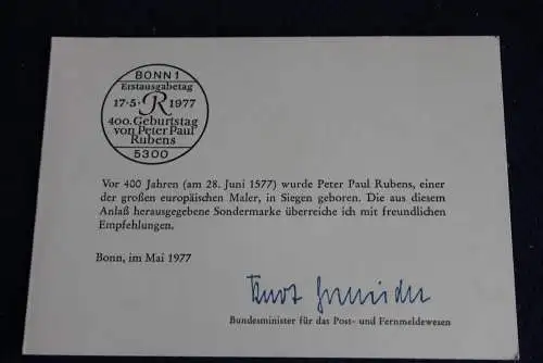 Ministerkarte zum Ausgabeanlaß:  "Peter Paul Rubens", 17.5.1977 ; MiNr. 936