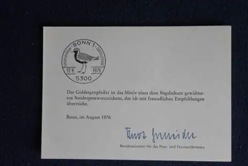 Ministerkarte zum Ausgabeanlaß:  "Vogelschutz", 17. 8.1976 ; MiNr. 901