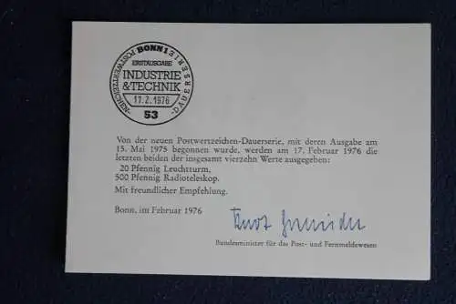 Ministerkarte zum Ausgabeanlaß:  "Industrie & Technik", 17.2.1976 ; MiNr. 848,859; Berlin: 496, 507