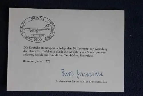 Ministerkarte zum Ausgabeanlaß:  "Deutsche Lufthansa", 5.1.1976 ; MiNr. 878