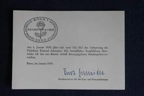 Ministerkarte zum Ausgabeanlaß:  "Adenauer", 5.1.1976 ; MiNr. 876