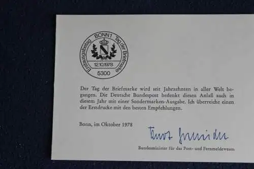 Ministerkarte zum Ausgabeanlaß:  "Tag der Briefmarke 1978" 12.10.1978 ; MiNr. 980-81