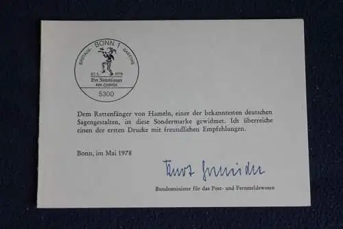 Ministerkarte zum Ausgabeanlaß:  "Der Rattenfänger von Hameln", 22.5.1978 ; MiNr. 972