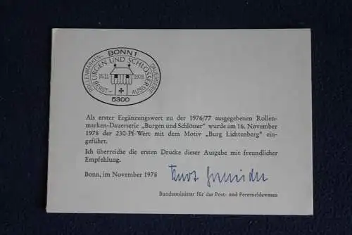 Ministerkarte zum Ausgabeanlaß:  "Burgen und Schlösser", 16.11.1978 ; MiNr. 999