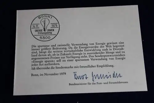 Ministerkarte zum Ausgabeanlaß:  "Energie sparen", 14. 11.1979 ; MiNr. 1031