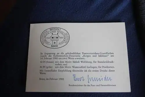 Ministerkarte zum Ausgabeanlaß: "Burgen und Schlösser";14.2.1980; MiNr. 1037-38; Berlin: 614-15