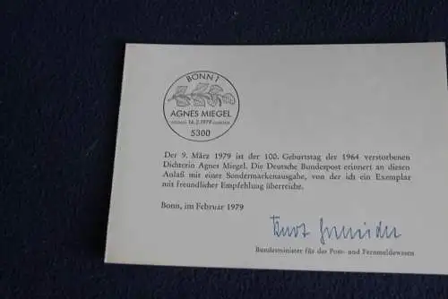 Ministerkarte zum Ausgabeanlaß: "Agnes Miegel"; 14.2.1979; MiNr. 1001