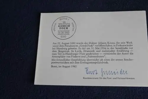 Ministerkarte zum Ausgabeanlaß: "Gorch Fock"; 14.8.1980; MiNr. 1058