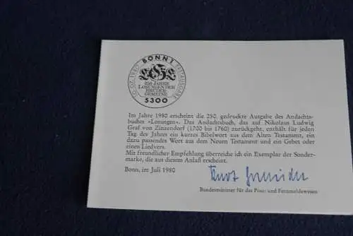 Ministerkarte zum Ausgabeanlaß: "Brüdergemeinde"; 10.7.1980; MiNr. 1054