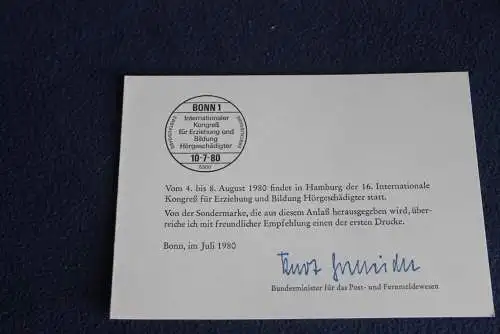 Ministerkarte zum Ausgabeanlaß: "Hörgeschädigte"; 10.7.1980; MiNr. 1053