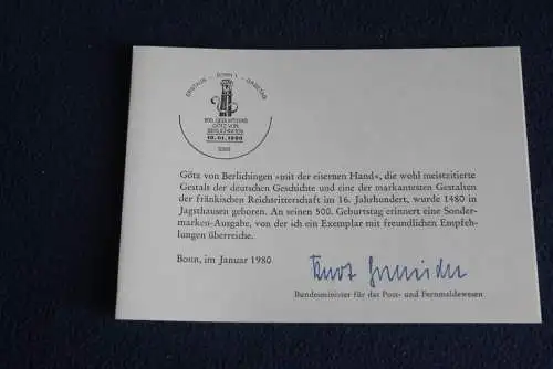 Ministerkarte zum Ausgabeanlaß: "Götz von Berlichingen ";10.1.1980; MiNr. 1036