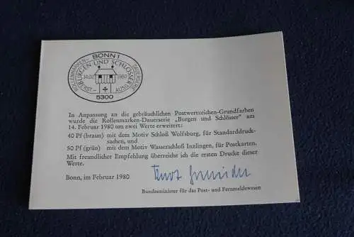 Ministerkarte zum Ausgabeanlaß: "Burgen und Schlösser ";14.2.1980; MiNr. 1037-38; Berlin: 614-15