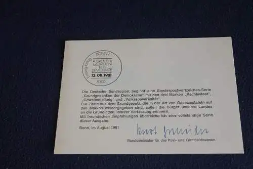 Ministerkarte zum Ausgabeanlaß: "Grundgedanken der Demokratie", 13.8.1981; MiNr. 1105-07