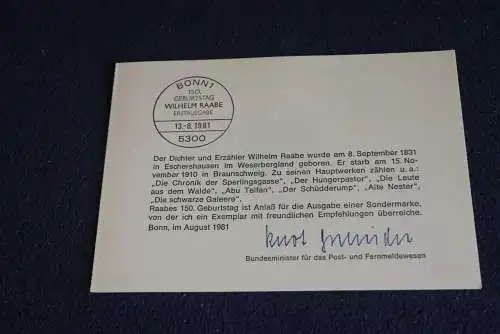 Ministerkarte zum Ausgabeanlaß: "Wilhelm Raabe"; 13.8.1981; MiNr. 1104