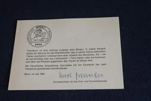 Ministerkarte zum Ausgabeanlaß: "Tierschutz"; 16.7.1981; MiNr. 1102