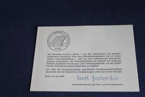 Ministerkarte zum Ausgabeanlaß: "Energieforschung"; 16.7.1981; MiNr. 1101