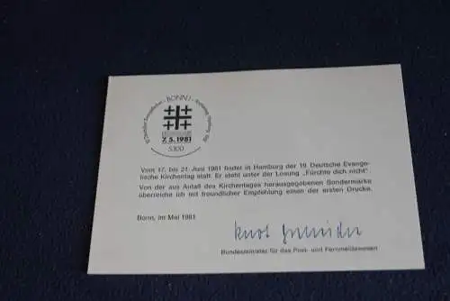 Ministerkarte zum Ausgabeanlaß: "Evangelischer Kirchentag 1981"; 7.5.1981; MiNr. 1098