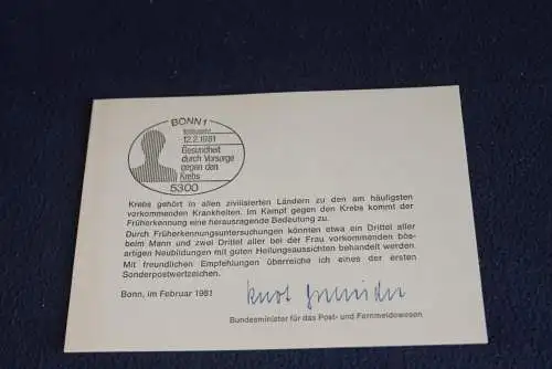 Ministerkarte zum Ausgabeanlaß: "Krebsvorsorge"; 12.2.1981; MiNr. 1089