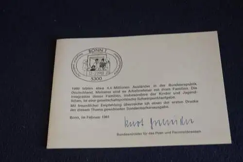 Ministerkarte zum Ausgabeanlaß: "Integration"; 12.2.1981; MiNr. 1086