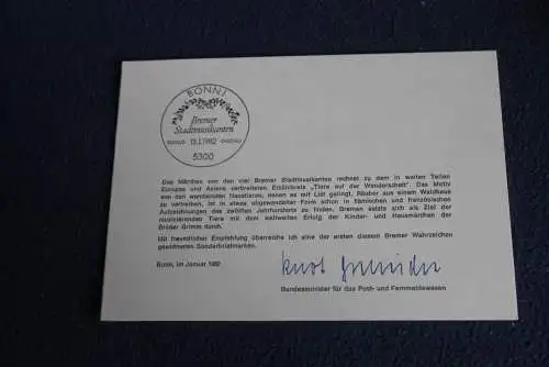 Ministerkarte zum Ausgabeanlaß: "Bremer Stadtmusikanten ";13.1.1982; MiNr. 1120